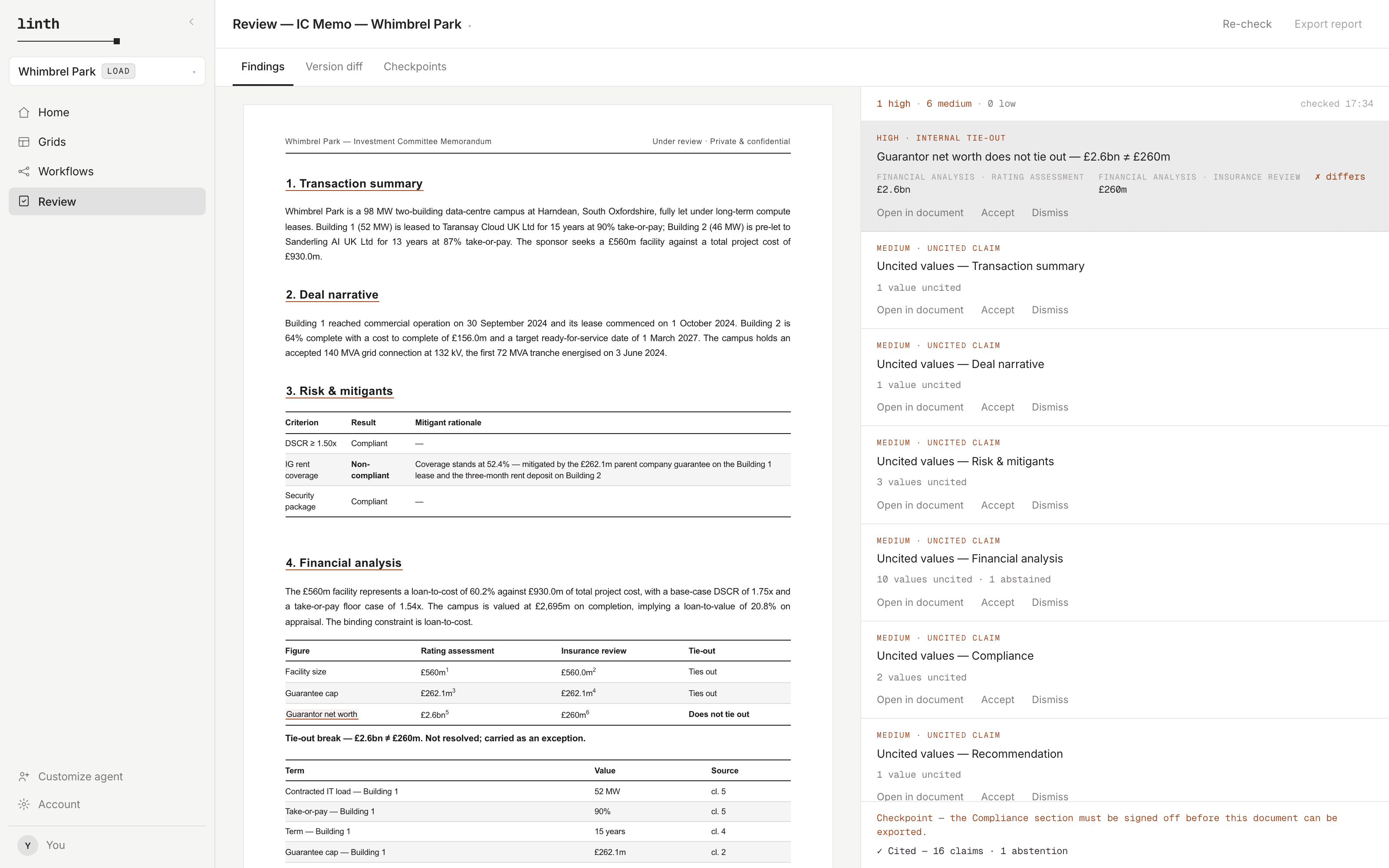 The Review page's findings: typed findings linked to the exact spans they question.